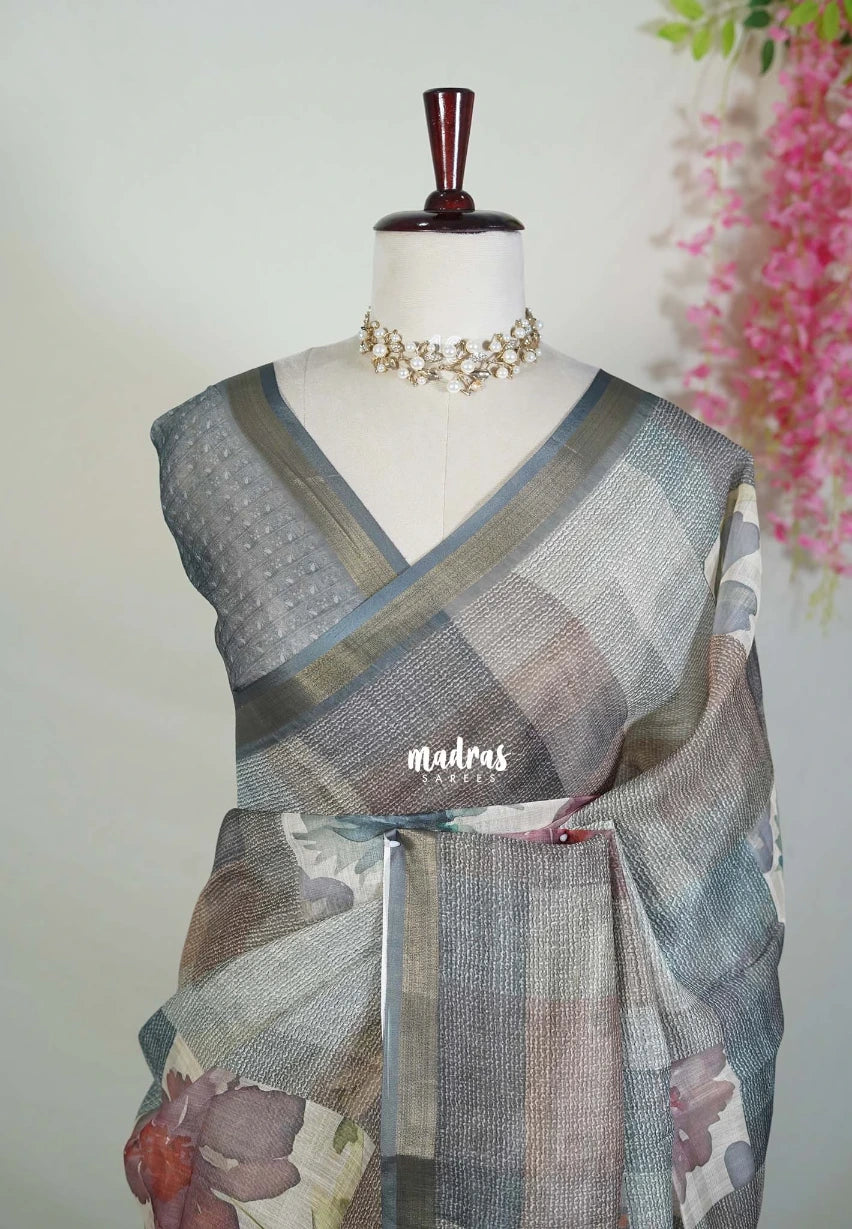 Smoky Grey - Pragathi - Linen Cotton Saree with Vintage Floral Checks - Perfect for Office Wear | Casual Wear