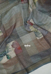 Smoky Grey - Pragathi - Linen Cotton Saree with Vintage Floral Checks - Perfect for Office Wear | Casual Wear