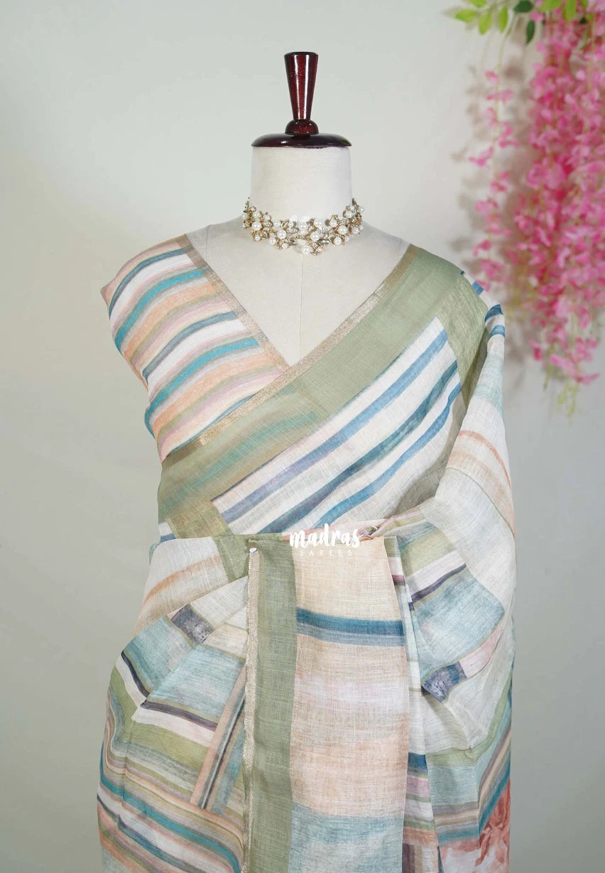 Misty Multicolor  - Pragathi - Linen Cotton Saree with Digital Prints - Perfect for Office Wear | Casual Wear