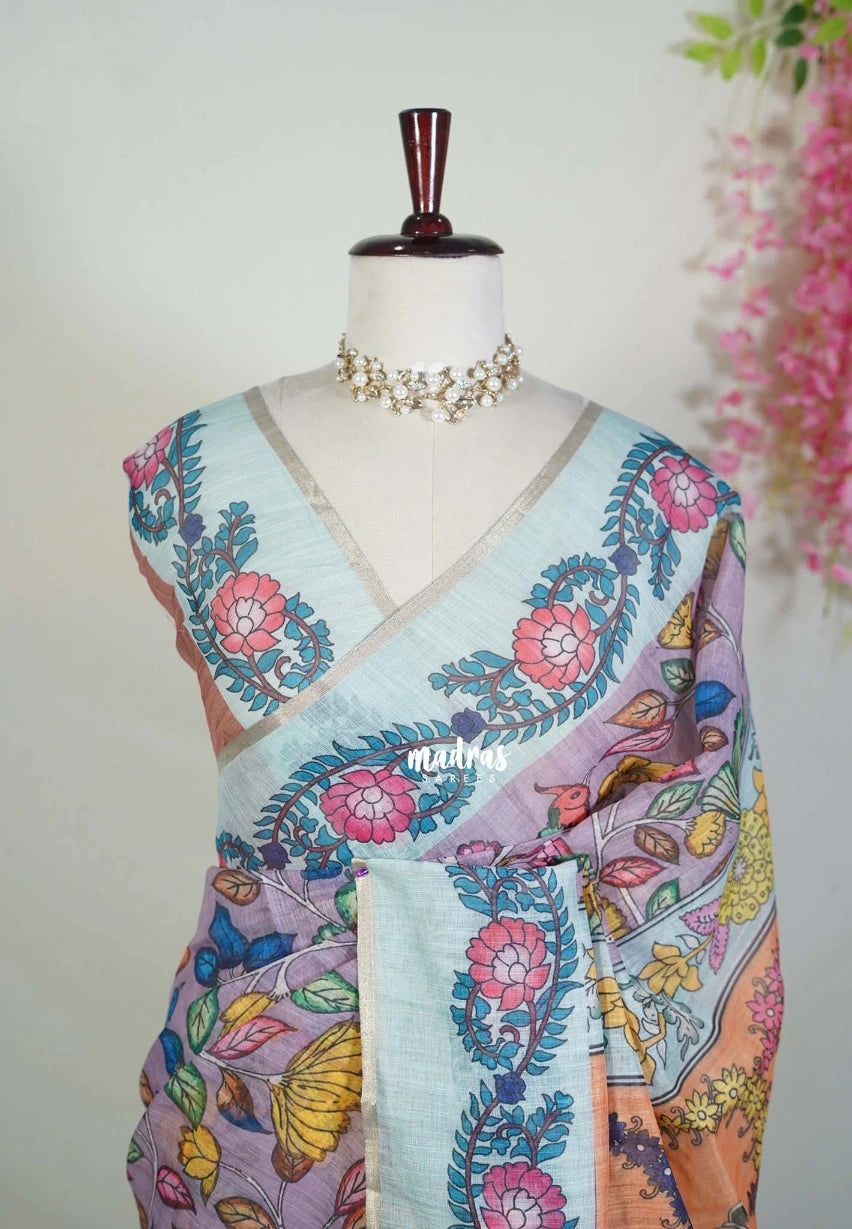 Muted Lilac - Pragathi - Linen Cotton Saree with Floral Prints - Perfect for Office Wear | Casual Wear