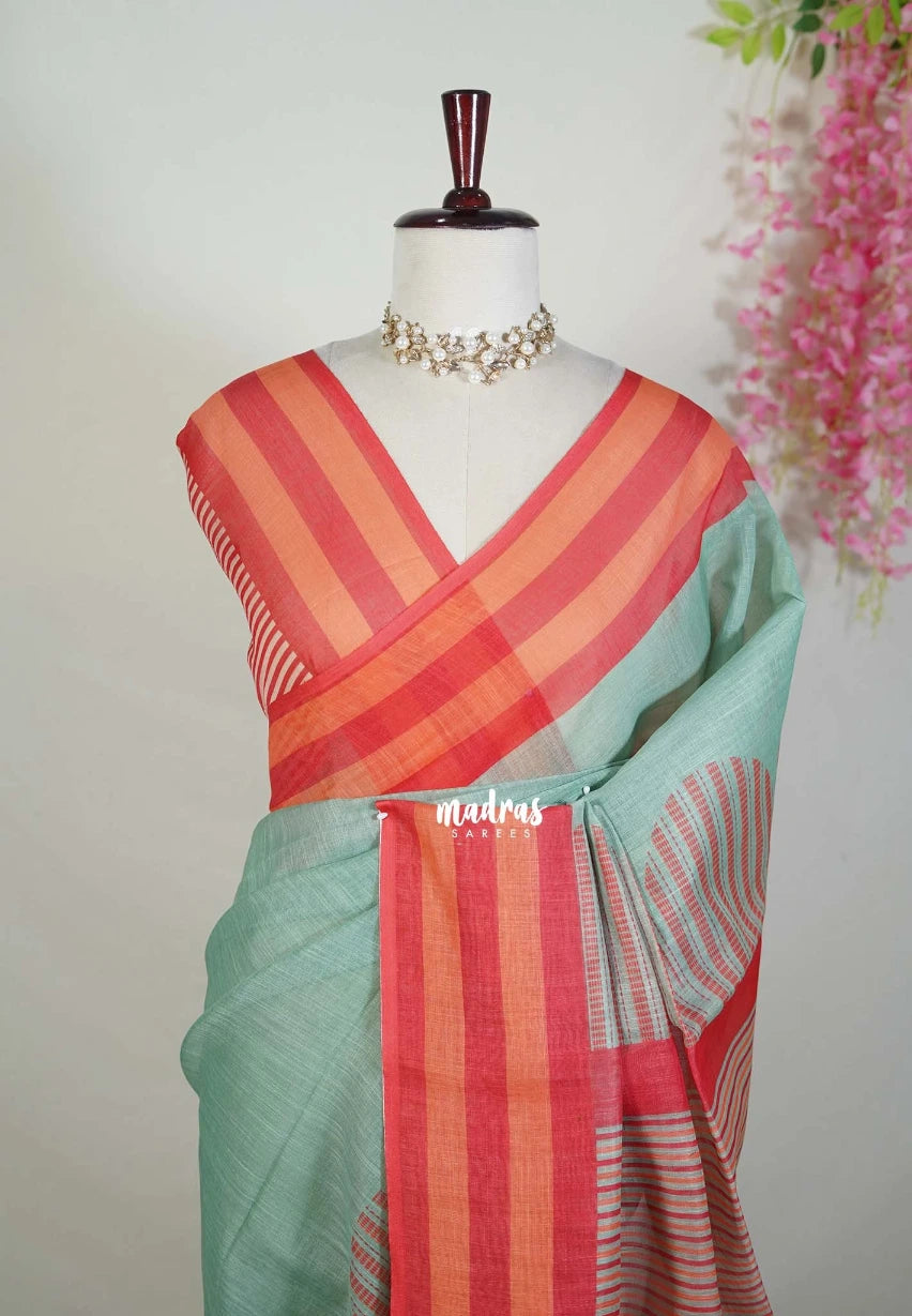 Seaforam Green - Pragathi - Linen Cotton Saree with Contrast Pallu and Blouse - Perfect for Office Wear | Casual Wear