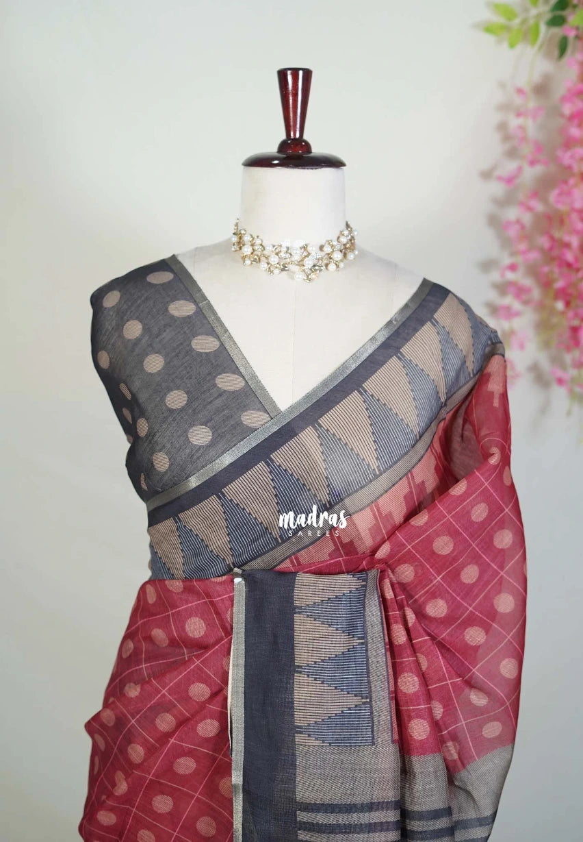 Majestic Maroon - Pragathi - Linen Cotton Saree with Checks and Buttas Prints - Perfect for Office Wear | Casual Wear