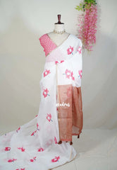Coconut Cream White - Pragathi - Linen Cotton Saree with Lotus Prints - Perfect for Office Wear | Casual Wear