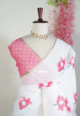 Coconut Cream White - Pragathi - Linen Cotton Saree with Lotus Prints - Perfect for Office Wear | Casual Wear
