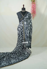 Nightfall Black - Pragathi - Linen Cotton Saree Floral and Peacock Kalamkari Prints with Tiny Border - Perfect for Office Wear | Summer wear | Casual Wear