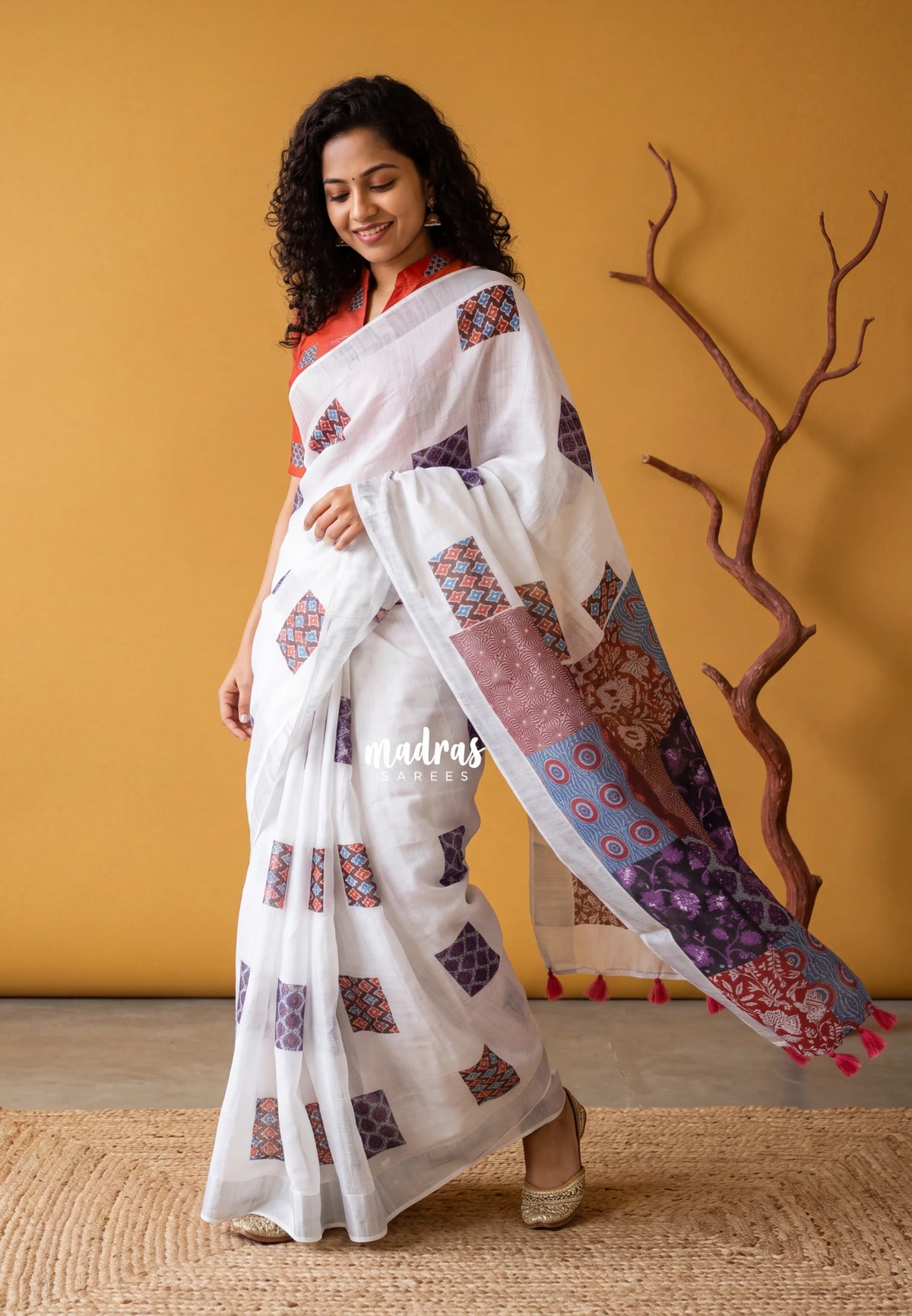 Pearl White - Linen Cotton Saree with Tissue Border Ajrakh Indian Art Printed Pallu and Blouse - Perfect for Office Wear | Summer wear | Casual Wear