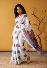 Pearl White - Linen Cotton Saree with Tissue Border Ajrakh Indian Art Printed Pallu and Blouse - Perfect for Office Wear | Summer wear | Casual Wear