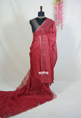 Muted Red - Pragathi - Linen Cotton Saree with Floral Print Border - Perfect for Office Wear | Summer wear | Casual Wear