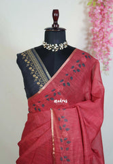 Muted Red - Pragathi - Linen Cotton Saree with Floral Print Border - Perfect for Office Wear | Summer wear | Casual Wear