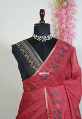 Muted Red - Pragathi - Linen Cotton Saree with Floral Print Border - Perfect for Office Wear | Summer wear | Casual Wear