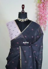 Nightfall Black - Pragathi - Linen Cotton Saree with small buttas and Contrast Blouse - Perfect for Office Wear | Summer wear | Casual Wear