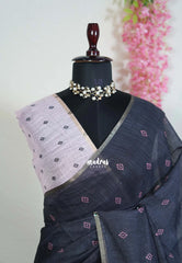 Nightfall Black - Pragathi - Linen Cotton Saree with small buttas and Contrast Blouse - Perfect for Office Wear | Summer wear | Casual Wear