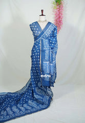Indigo Blue-Mango Design - Pragathi - Linen Cotton Saree Floral Prints with Tiny Border - Perfect for Office Wear | Summer wear | Casual Wear