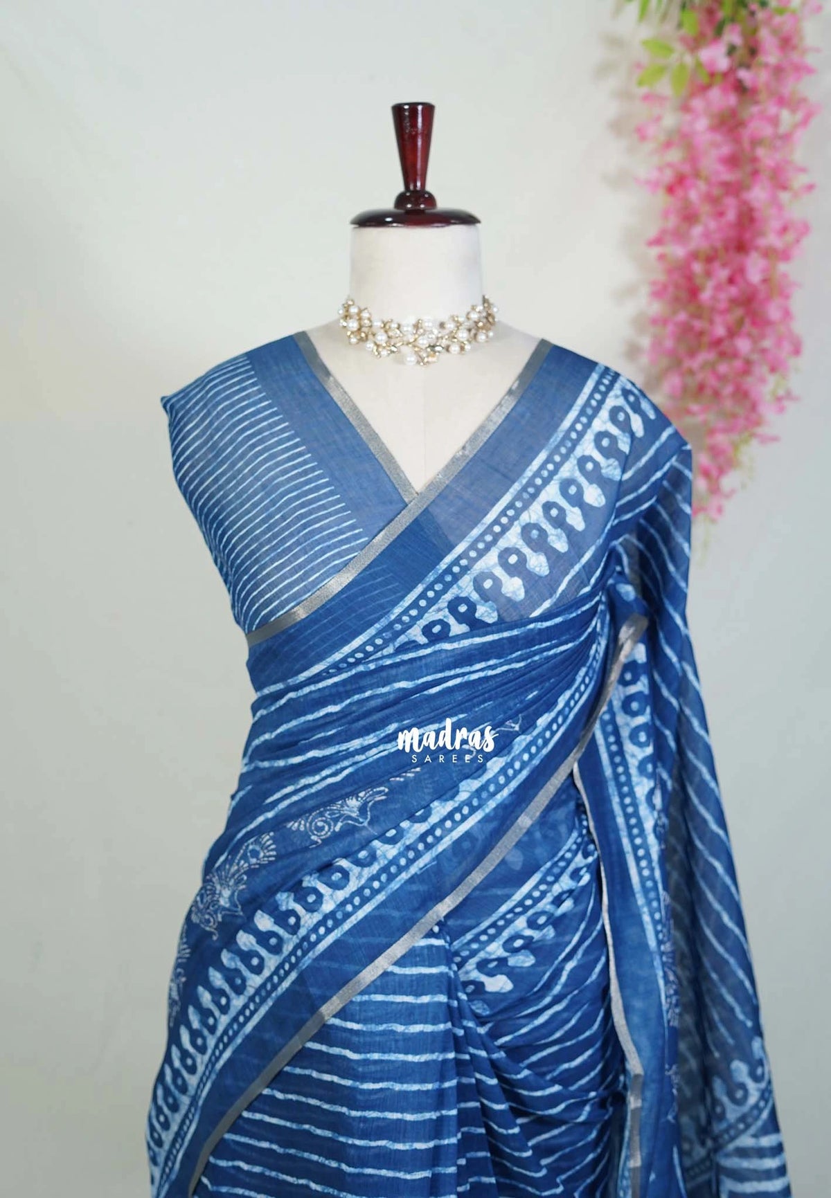 Indigo Blue-Stripes - Pragathi - Linen Cotton Saree Stripes Prints with Tiny Border - Perfect for Office Wear | Summer wear | Casual Wear