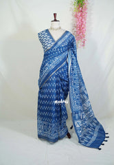 Indigo Blue-ZigZag - Pragathi - Linen Cotton Saree ZigZag Prints with Tiny Border - Perfect for Office Wear | Summer wear | Casual Wear