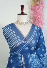Indigo Blue-Circle Design - Pragathi - Linen Cotton Saree Floral Prints with Tiny Border - Perfect for Office Wear | Summer wear | Casual Wear
