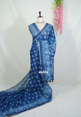 Indigo Blue-Circle Design - Pragathi - Linen Cotton Saree Floral Prints with Tiny Border - Perfect for Office Wear | Summer wear | Casual Wear