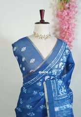 Indigo Blue-Dot Design - Pragathi - Linen Cotton Saree Floral Prints with Tiny Border - Perfect for Office Wear | Summer wear | Casual Wear