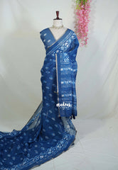 Indigo Blue-Dot Design - Pragathi - Linen Cotton Saree Floral Prints with Tiny Border - Perfect for Office Wear | Summer wear | Casual Wear