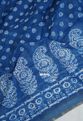Indigo Blue-Mango Design - Pragathi - Linen Cotton Saree Floral Prints with Tiny Border - Perfect for Office Wear | Summer wear | Casual Wear