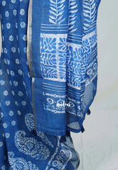 Indigo Blue-Mango Design - Pragathi - Linen Cotton Saree Floral Prints with Tiny Border - Perfect for Office Wear | Summer wear | Casual Wear