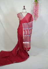 crimson red - Pragathi - Linen Cotton Saree with Ajrakh Pallu and Blouse - Best for Office Wear | Casual Wear