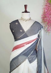 Ivory Beige - Pragathi - Linen Cotton Saree with Checks Prints - Perfect for Office Wear | Summer wear | Casual Wear