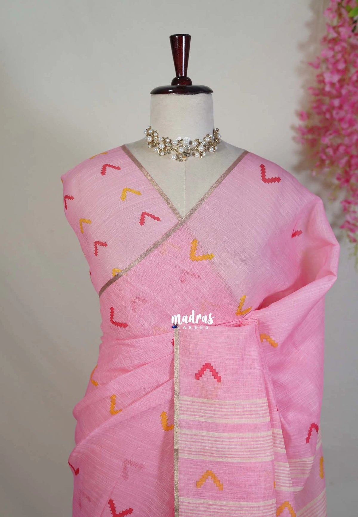 Pink Blossom - Pragathi - Linen Cotton Saree Geometry Prints - Perfect for Office Wear | Summer wear | Casual Wear