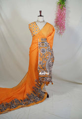 Yellowish Orange - Pragathi - Linen Cotton Saree with Kalahasti Prints - Perfect for Office Wear | Summer wear | Casual Wear