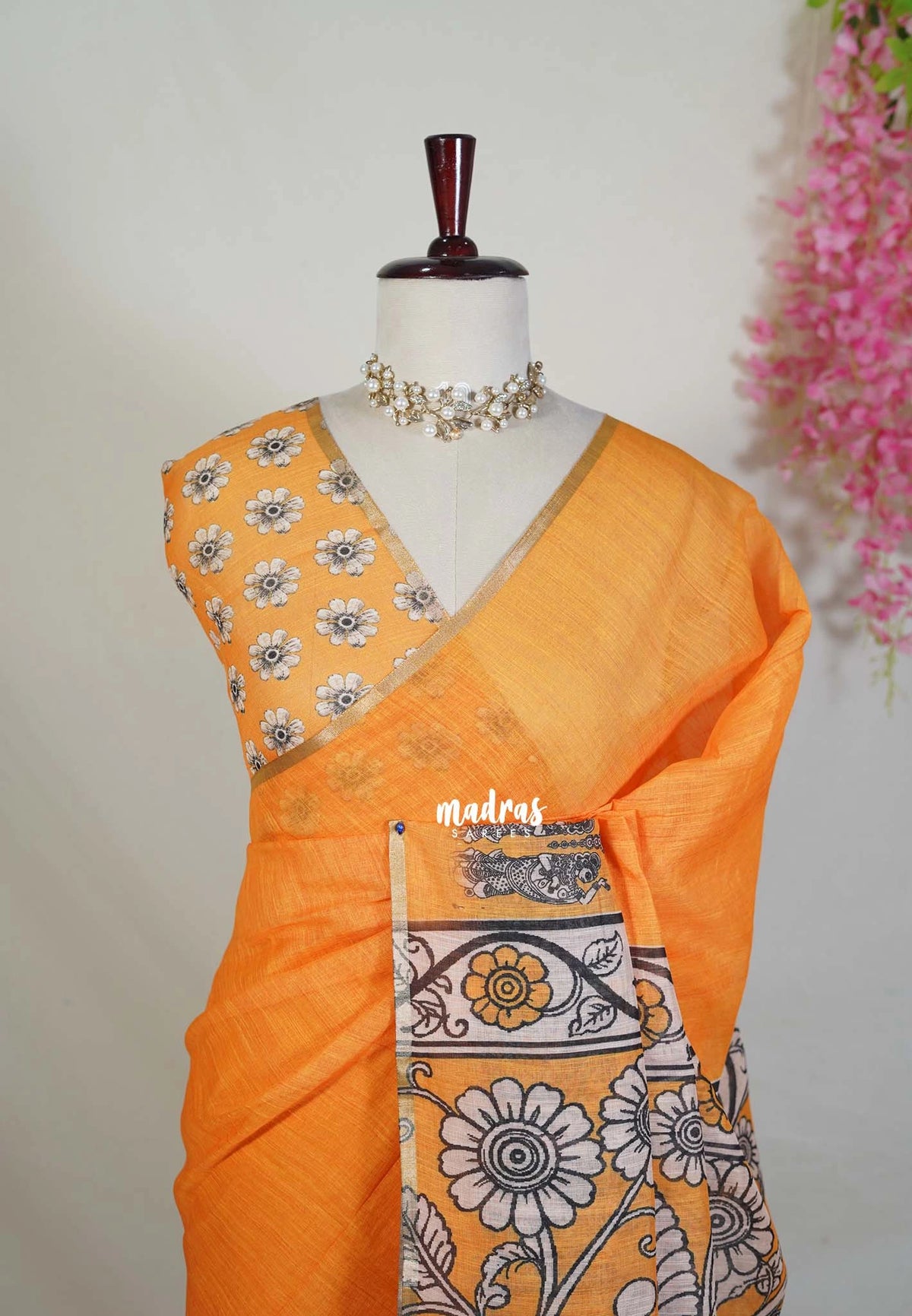 Yellowish Orange - Pragathi - Linen Cotton Saree with Kalahasti Prints - Perfect for Office Wear | Summer wear | Casual Wear