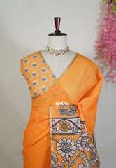 Yellowish Orange - Pragathi - Linen Cotton Saree with Kalahasti Prints - Perfect for Office Wear | Summer wear | Casual Wear