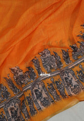 Yellowish Orange - Pragathi - Linen Cotton Saree with Kalahasti Prints - Perfect for Office Wear | Summer wear | Casual Wear