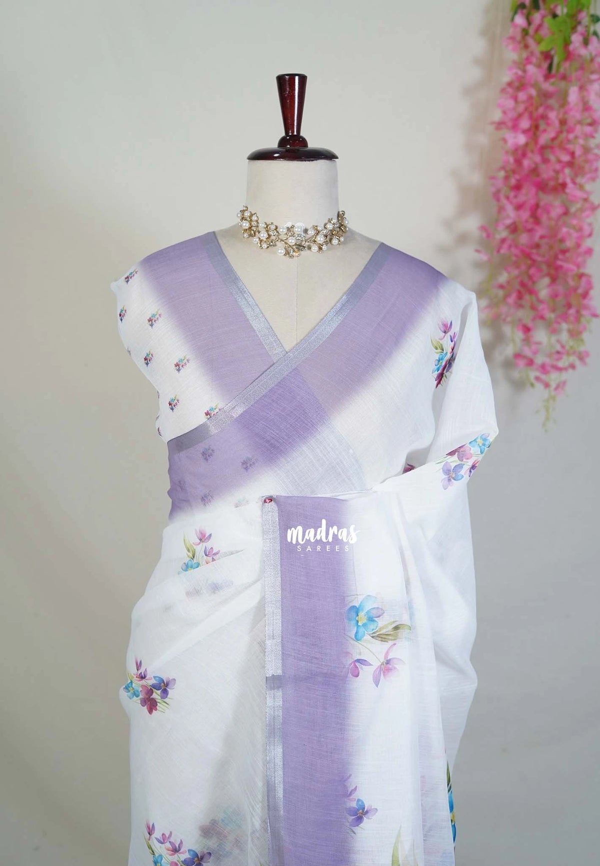 Frost White - Pragathi - Linen Cotton Saree with Flower Prints - Perfect for Office Wear | Summer wear | Casual Wear