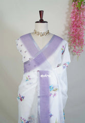 Frost White - Pragathi - Linen Cotton Saree with Flower Prints - Perfect for Office Wear | Summer wear | Casual Wear
