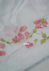 Ivory White - Pragathi - Linen Cotton Saree with Floral Prints - Perfect for Office Wear | Summer wear | Casual Wear