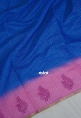 Royal Blue - Pragathi - Linen Cotton Saree with Checks with Peacock Border Prints - Perfect for Office Wear | Summer wear | Casual Wear