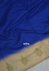 MS Blue - Pragathi - Linen Cotton Saree with Checks with Peacock Border Prints - Perfect for Office Wear | Summer wear | Casual Wear