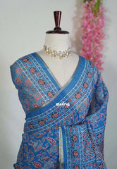 Indigo Blue - Pragathi - Linen Cotton Saree with Floral Prints - Perfect for Office Wear | Summer wear | Casual Wear