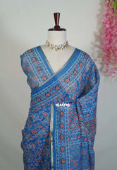 Indigo Blue - Pragathi - Linen Cotton Saree with Floral Prints - Perfect for Office Wear | Summer wear | Casual Wear