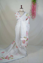 Ivory White - Pragathi - Linen Cotton Saree with Floral Prints - Perfect for Office Wear | Summer wear | Casual Wear