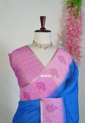 Royal Blue - Pragathi - Linen Cotton Saree with Checks with Peacock Border Prints - Perfect for Office Wear | Summer wear | Casual Wear