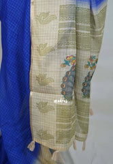 MS Blue - Pragathi - Linen Cotton Saree with Checks with Peacock Border Prints - Perfect for Office Wear | Summer wear | Casual Wear