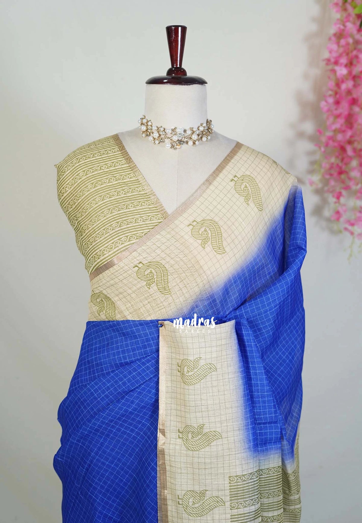 MS Blue - Pragathi - Linen Cotton Saree with Checks with Peacock Border Prints - Perfect for Office Wear | Summer wear | Casual Wear
