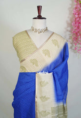 MS Blue - Pragathi - Linen Cotton Saree with Checks with Peacock Border Prints - Perfect for Office Wear | Summer wear | Casual Wear