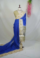MS Blue - Pragathi - Linen Cotton Saree with Checks with Peacock Border Prints - Perfect for Office Wear | Summer wear | Casual Wear
