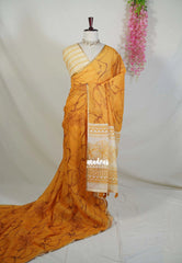 Mustard Yellow - Pragathi - Linen Cotton Saree with Floral Prints - Perfect for Office Wear | Summer wear | Casual Wear