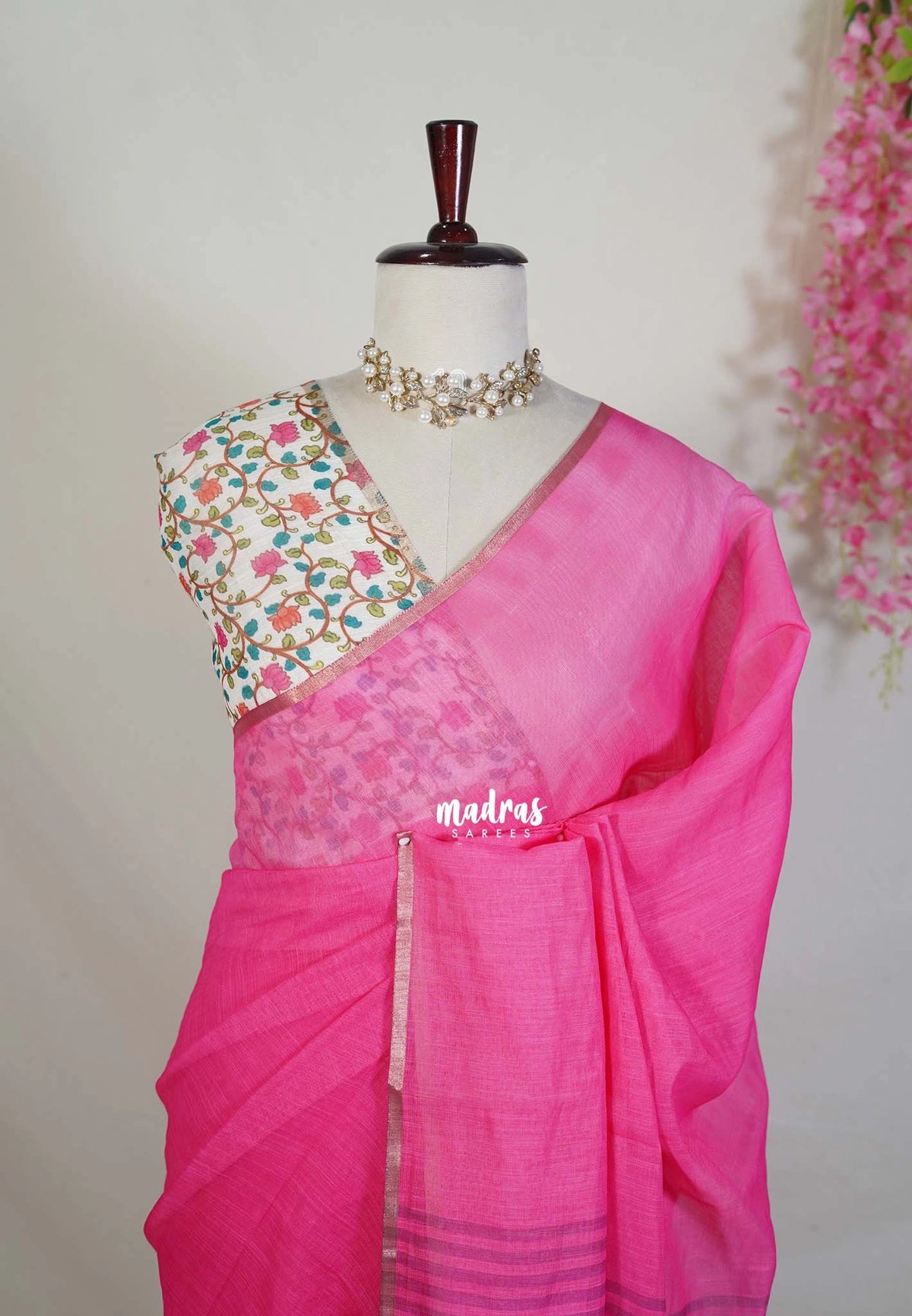 Candy Pink - Pragathi - Linen Cotton Saree Plain with Floral Prints Blouse - Perfect for Office Wear | Summer wear | Casual Wear