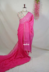 Candy Pink - Pragathi - Linen Cotton Saree Plain with Floral Prints Blouse - Perfect for Office Wear | Summer wear | Casual Wear