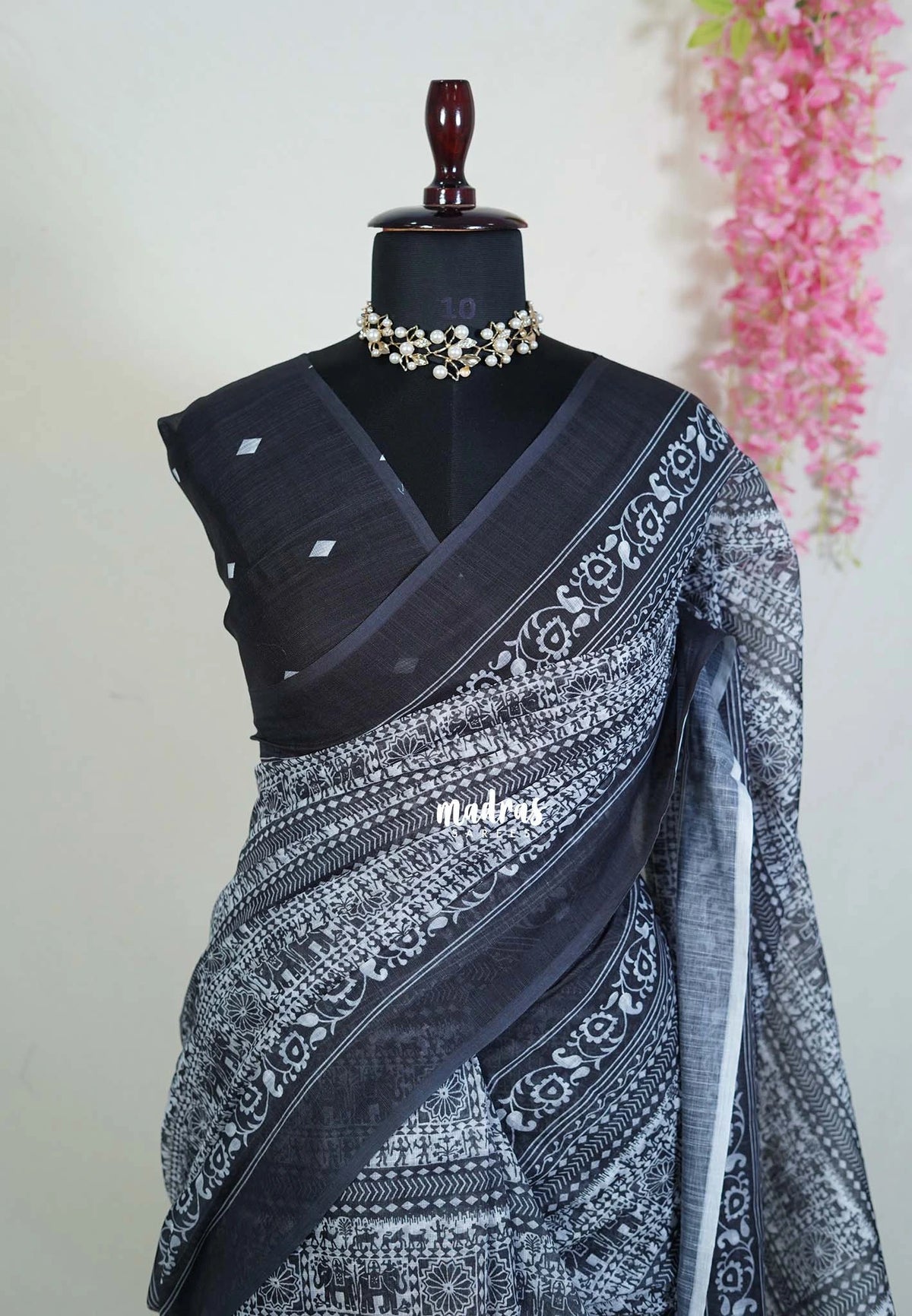 Black and White - Pragathi - Linen Cotton Saree with Tribal Art Inspired Prints - Perfect for Office Wear | Summer wear | Casual Wear