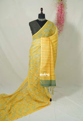 Corn Yellow - Pragathi - Linen Cotton Saree Floral Prints with Contrast Blouse - Best for Office Wear | Casual Wear